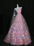 Cute Ball Gown Strapless Pink Sleeveless Floral Tulle Long Quinceanera Dresses Sweet 15 16 Birthday Outfits HZ0311