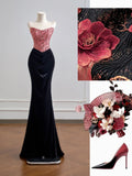 Flattering Mermaid Strapless Pink Satin With Velvet Black Prom Dresses Long Evening Formal Birthday Party Gowns HZ0311