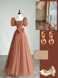 Modest A line Square Neck Polka Dots Tulle Prom Dresses Inspiration Party Gowns Princess Formal Dress HZ0311