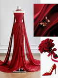 Timeless Mermaid Strapless Red Chiffon With Scarf Slit Long Prom Dresses Inspiration Party Gowns HZ0311