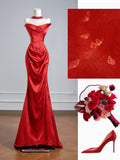 Flattering Mermaid Strapless Red Satin With Scarf Prom Dresses Long Evening Formal Birthday Party Gowns HZ0311