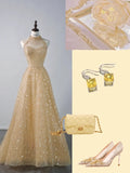 Sparkly Ball Gown High Neck Yellow Sequins Senior Prom Dresses High School Long Formal Dress HZ0311