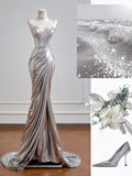 Shiny Mermaid Sweetheart Silver Sequin Prom Dresses Long Evening Formal Gown With High Slit Party Gowns HZ0311