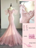 Gorgeous Mermaid Spaghetti Strap Pink Tulle Prom Dresses Sleeveless Long Formal Party Gown HZ0311