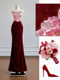 Romantic Mermaid Strapless Pink Top Satin Burgundy Velvet Long Prom Dresses Impress 18th Birthday Outfits Party Gown HZ0311