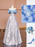 Gorgeous A line Off The Shoulder Blue With Sleeves Satin Formal Evening Dress Gowns Prom Dresses HZ0311