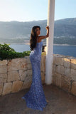 Dazzling Steel Blue Spaghetti-Strap Sequins Prom Dresses Mermaid Sleeveless Side Slit Online HZ0311