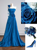 Simple A Line One Shoulder Royal Blue With Flowers Long Prom Dresses Impress 18th Birthday Outfits Party Gown HZ0311