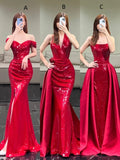 Modest Mermaid Off The Shoulder Wine Red Sequin With Ruffles Slit Long Prom Dresses Night Formal Dresses HZ0311