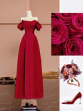 Gorgeous A line Off The Shoulder Burgundy Satin With Short Sleeves Formal Evening Dress Gowns Long Prom Dresses HZ0311