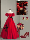 Modest Night Aesthetic Ball Gown Off The Shoulder Red Satin College Formal Sweet 16 Outfit Long Prom Dresses For Teens HZ0311