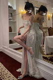 Shiny Off The Shoulder Prom Dresses, Long Evening Formal Gown With High Slit Party Gowns HZ0311