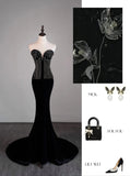 Modest Mermaid Sweetheart Black Velvet College Formal Outfit Prom Graduation Dresses For Teens HZ0311