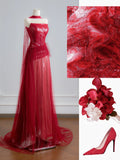 Simple A Line Strapless Red With Scarf Prom Dresses Long Evening Formal Gown BirthdayParty Gowns HZ0311