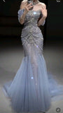 Blue Mermaid Off The Shoulder With Silver Beadings Long Prom Dress Party Gowns HZ0311