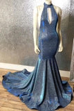 Gorgeous Navy Blue Long Mermaid V-Neck Prom Dress Spaghetti-Straps HZ0311