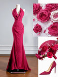 Flattering Mermaid Halter Fuchsia Prom Dresses Long Evening Formal Birthday Party Gowns HZ0311