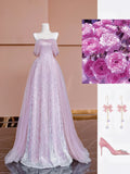 Sparkly A line Off The Shoulder Pink Sequined With Short Sleeves Formal Evening Dress Gowns Long Prom Dresses HZ0311