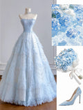 Timeless Ball Gown Strapless Light Sky Blue Tulle Long Prom Dresses Inspiration Party Gowns HZ0311