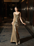 Glitter Mermaid Asymmetrical Neck Sequin Long Prom Dresses Champagne Formal Gowns Inspo Evening Outfit HZ0311