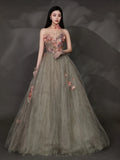Charming Ball Gown Strapless Tulle Long Evening Prom Dresses Floor Length Evening Formal Dress HZ0311