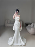 Classic Mermaid Wedding Dresses Off The Shoulder Satin White With Short Sleeves Brides Dress Summer Bridal Gowns HZ0311