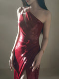 Simple Mermaid One Shoulder Burgundy Sequin Long Prom Dresses Formal Gowns Inspo Evening Outfit HZ0311