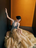 Ball Gown Halter Champagne Tulle Long Evening Prom Dresses Long Evening Formal Dress HZ0311
