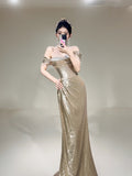 Glitter Mermaid Off The Shoulder Sequin Long Prom Dresses Champagne Formal Gowns Inspo Evening Outfit HZ0311