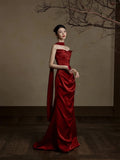 Simple Mermaid Sweetheart With Scarf Burgundy Satin Long Prom Dresses Formal Gowns Inspo Evening Outfit HZ0311