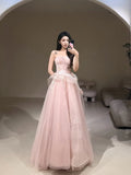 Sweet Ball Gown Strapless Pink Tulle With Lace For Women Party Dress Long Formal Prom Dresses 22th Birthday Outfits HZ0311