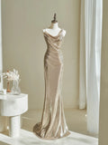 Modest Mermaid Straps Sequins Champagne For Women Party Dress Long Formal Prom Dresses 22th Birthday Outfits HZ0311