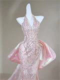 Classy Mermaid Halter Pink Sequin For Senior Teens Girls People Long Prom Dresses Formal Dress 20th Birthday Outfits HZ0311