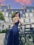 Sexy Navy Blue V-neck Lace-Up Mermaid Long Prom Dress with Slit HZ0311