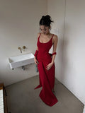 Unique Mermaid Spaghetti Strap Bright Red With Scarf Long Prom Dresses Inspiration Birthday Gowns Formal Evening Dress HZ0311