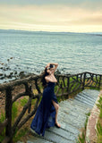 Sexy Navy Blue V-neck Lace-Up Mermaid Long Prom Dress with Slit Formal Dress HZ0311