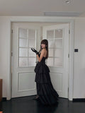 Chic High Low Halter Black Tie Wedding Guest Dress Satin Ruffles Long Prom Dresses Night Semi Formal Gown HZ0311