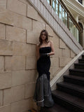 Vintage Mermaid Strapless Black Polka Dots Wedding Guest Dress Satin Long Prom Dresses Semi Formal Gown HZ0311
