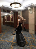 Vintage Mermaid Strapless Black Polka Dots Satin Long Prom Dresses Inspo Semi Formal Gown HZ0311