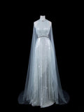 Elegnt A line High Neck Light Sky Blue Sequined Long Prom Dress Fashion Aesthetic High School Formal Dresses Party Outfits Gown HZ0311