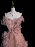 Beautiful Ball Gown Spaghetti Strap Pink Tulle Long Prom Dresses Inspiration Evening Gowns Formal Prom Dress HZ0311