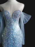 Beautiful Mermaid Off The Shoulder Light Sky Blue Sequin Long Prom Dresses Formal Gowns Inspo Evening Outfit HZ0311