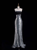 Sparkly Mermaid Strapless Grey Sequin Sleeveless Long Prom Dress For Women Girls Evening Dresses HZ0311