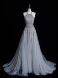 Chic A line Halter Silver Gray Sequins Senior Prom dresses High School Long Formal Dresses HZ0311