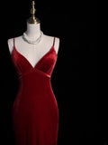 Modest Mermaid Spaghetti Strap Burgundy Velvet Sleeveless Long Prom Dress For Women Girls Evening Dresses HZ0311