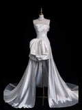 Princesses Elegant Sheath Strapless White Sequined With Satin Train Wedding Gown Short Fairytale Summer Wedding Dresses HZ0311