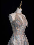 Sparkly A line Halter Sequins Long Formal Evening Dress Gowns Long Prom Dresses HZ0311