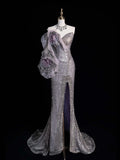 Princess Mermaid Sweetheart Grey Sequined With Slit Long Formal Evening Dress Gowns Prom Dresses HZ0311