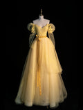 Modest Ball Gown Off The Shoulder Yellow Tulle College Formal Sweet 16 Outfit Long Sleeves Prom Dresses For Teens HZ0311