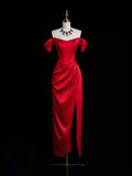 Chic Sheath Off The Shoulder Red Satin Slit Senior Prom dresses High School Long Formal Dress HZ0311